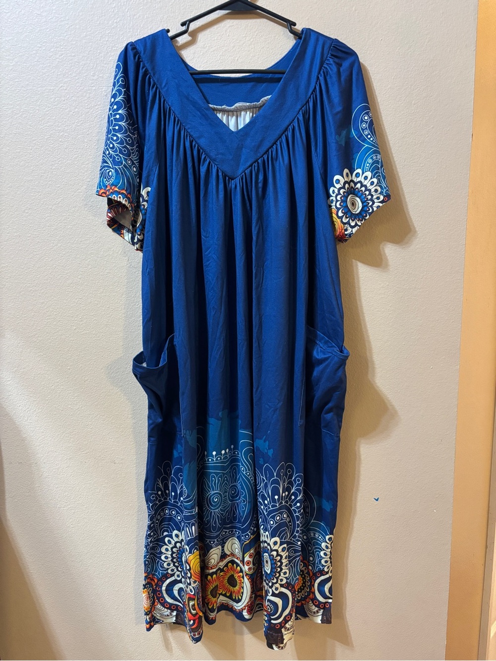 Ekouaer Women's 2XL Kaftan Gown Short Sleeve V-Neck Floral Blue Pockets